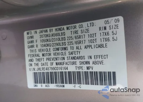 2009 Honda Cr-V Ex-L from USA, damaged, VIN JHLRE48799C016164